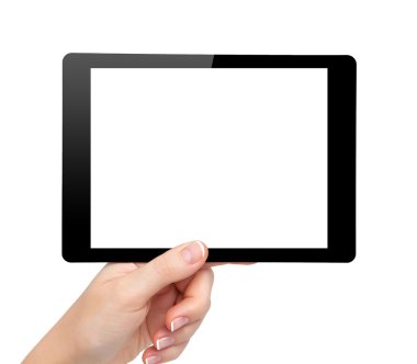 kadın elini tut mini tablet ile izole perde