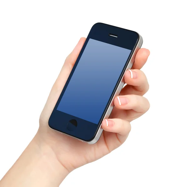 Mano femenina aislada sostiene el teléfono con pantalla azul — Foto de Stock
