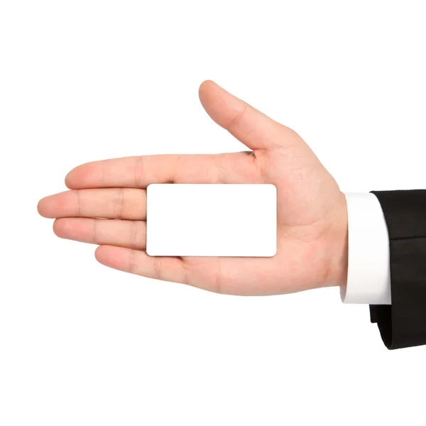 Isolated hand of a businessman holding a white business card — Stock Photo, Image