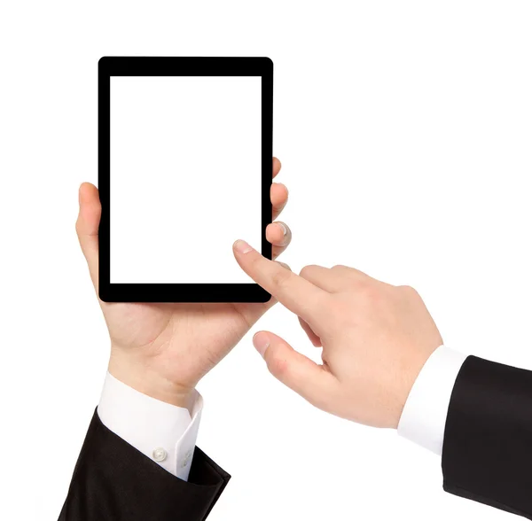 Geïsoleerde zakenman hand met tablet met geïsoleerde scherm — Stockfoto