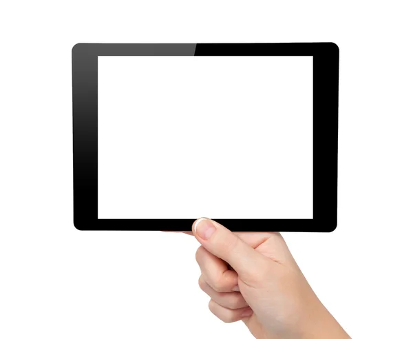 Donna mano tenere un gadget mini tablet computer con scre isolato — Foto Stock