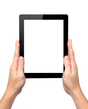 bir tablet ile izole perde adam ellerini tutun