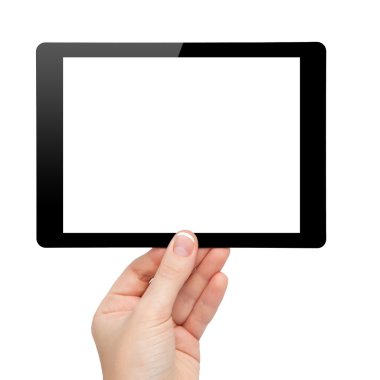 kadın elini tut mini tablet ile izole perde