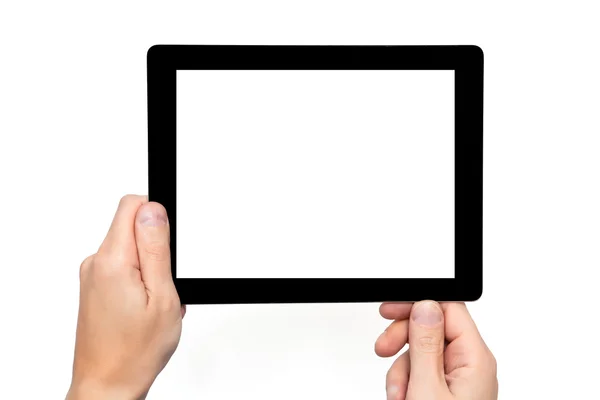 Men hands hold a tablet touch computer gadget with isolated scre — Stock Photo, Image
