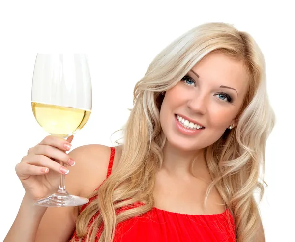 Portrait of a beautiful blonde girl in a red dress with a glass — Stock Photo, Image