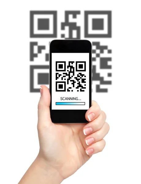 Woman hand holding a phone with qr code on the screen and the ba — Stock Photo, Image