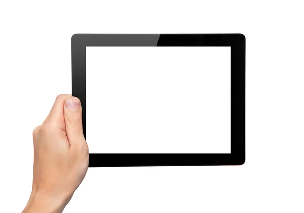 Men hand hold a tablet touch computer gadget with isolated scree — Stock Photo, Image