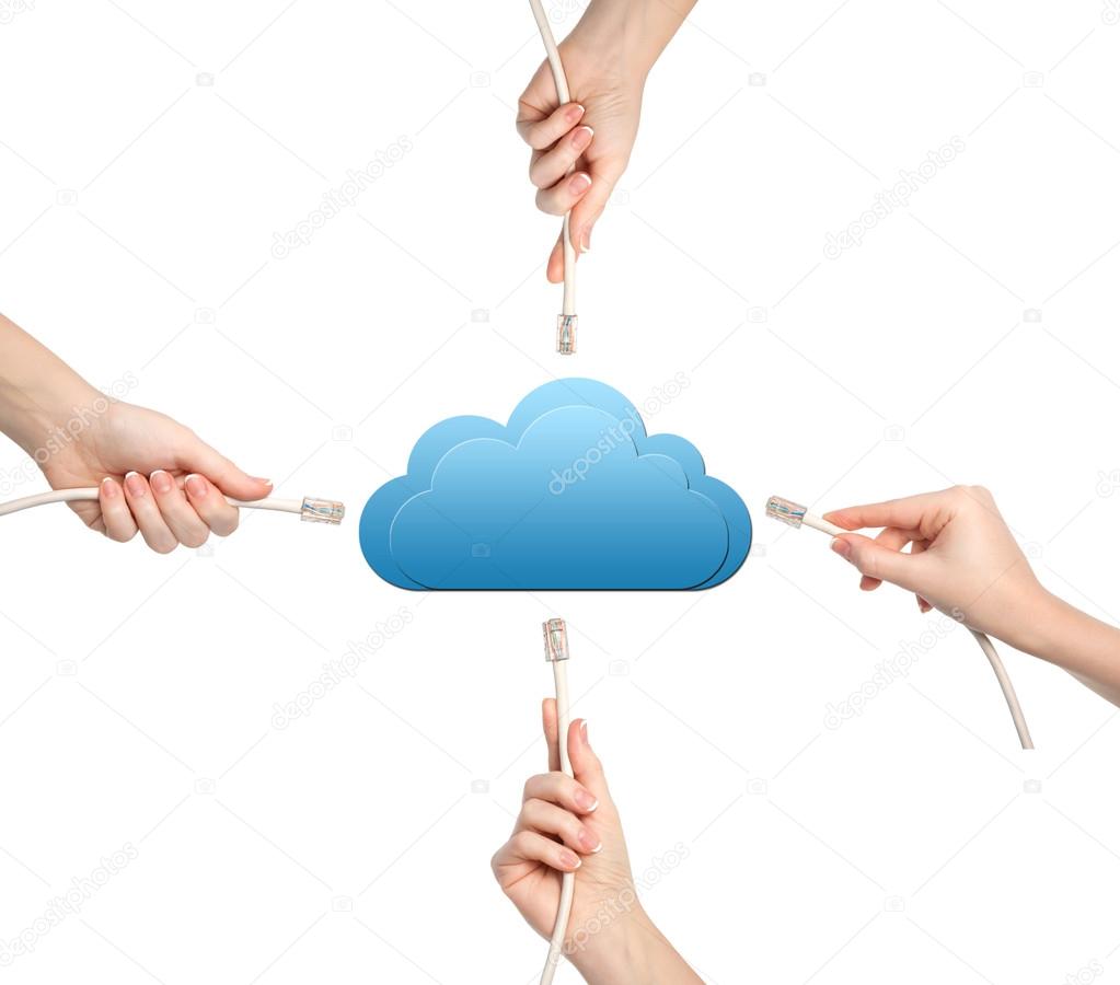 Isolated female hands holding computer cables and uses cloud tec