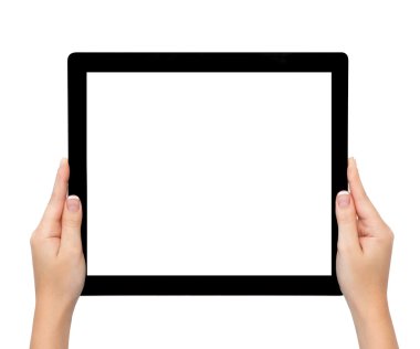 uzun banner tablet veya çerçeve izole kadın ellerini tutun