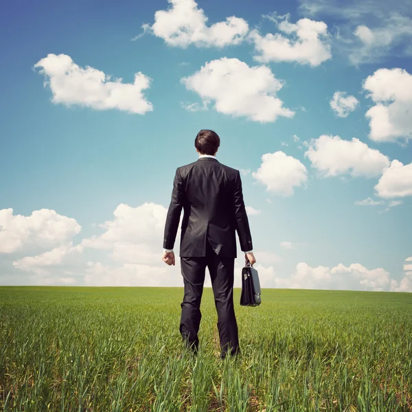 Hombre de negocios de pie en un campo con una bolsa — Foto de Stock