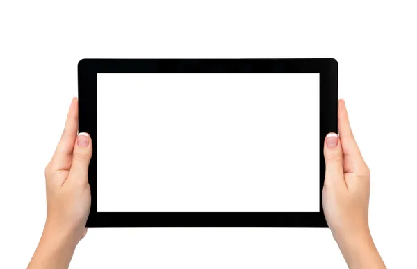 Isolerade kvinnliga händer hålla längre banner tablet eller ram — Stockfoto