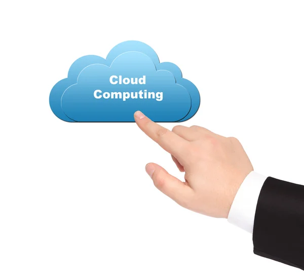 Geïsoleerde zakenman hand synchroniseert gegevens op computer wolk — Stockfoto
