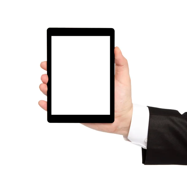 Mano de empresario aislado sosteniendo una tableta con pantalla aislada — Foto de Stock