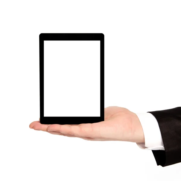Изолированный бизнесмен рука держит планшет с изолированным экраном — стоковое фото
