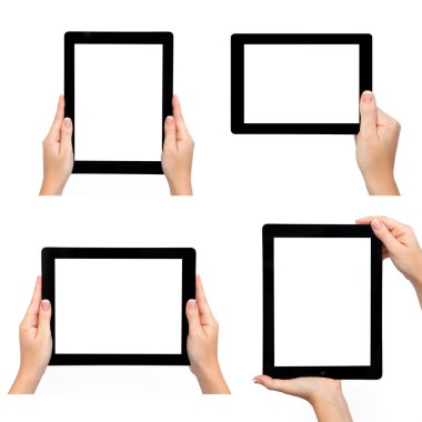 Isolated female hand holding tablet in different ways