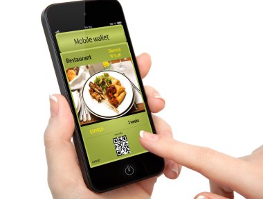 izole kadın el telefon ile mobil cüzdan ve t tutarak