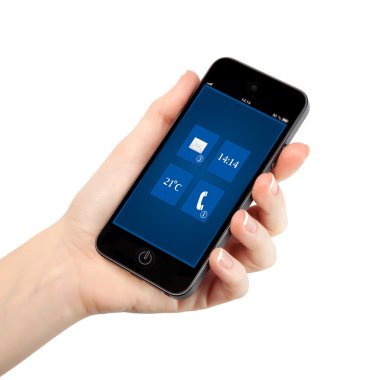 izole kadın el bir telefon arayüzü arka plan o ile tutarak