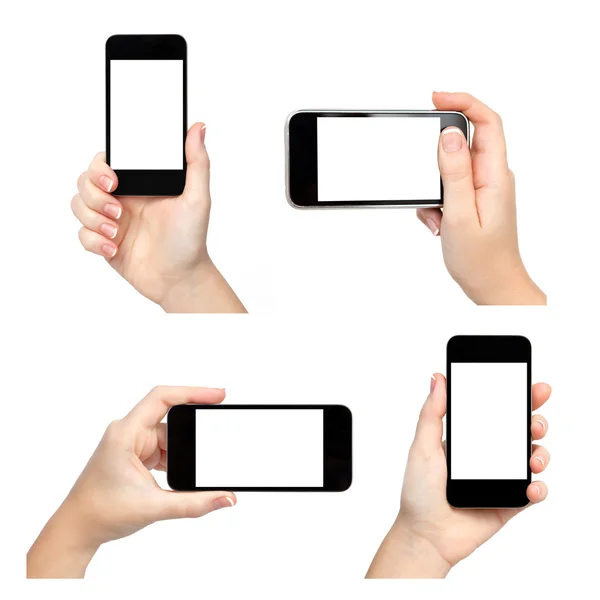 Mãos femininas isoladas segurando o telefone de maneiras diferentes — Fotografia de Stock