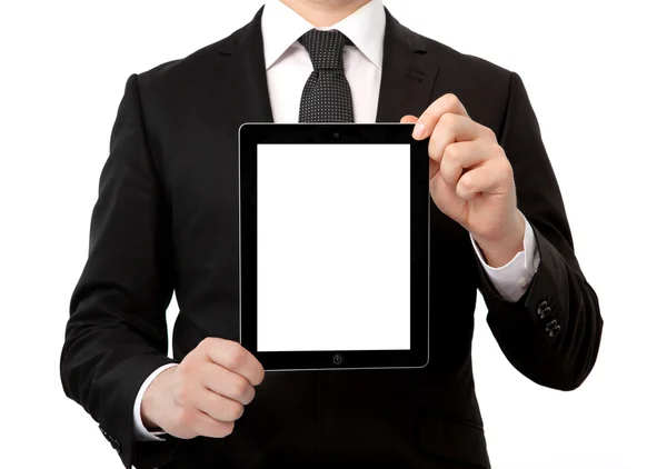 Businessman holding a tablet computer with isolated screen — Stock Photo, Image