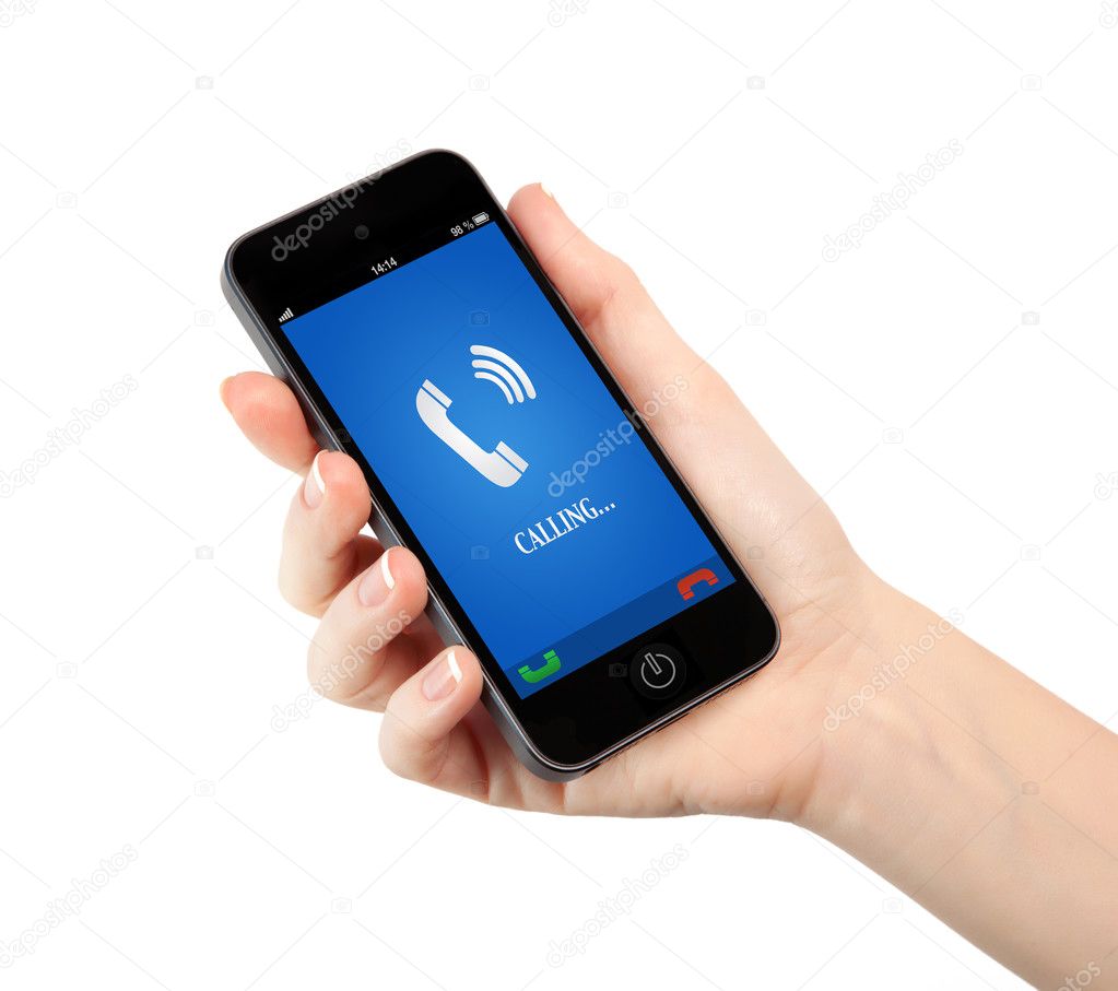 isolated woman hand holding phone with blue screen and the phone