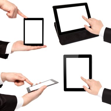 izole iş adamı el tutarak dokunmatik tablet bilgisayar