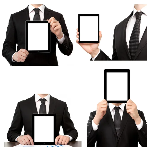 Isolated businessman holding a touch tablet computer — Stock Photo, Image