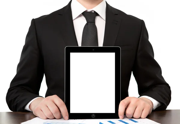 Businessman in office holding tablet with isolated screen — Stock Photo, Image