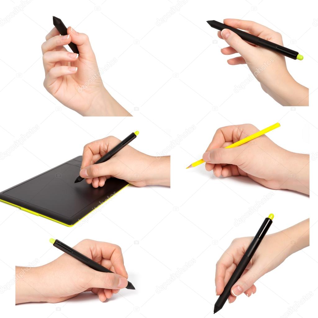 isolated hands with pencil draws something