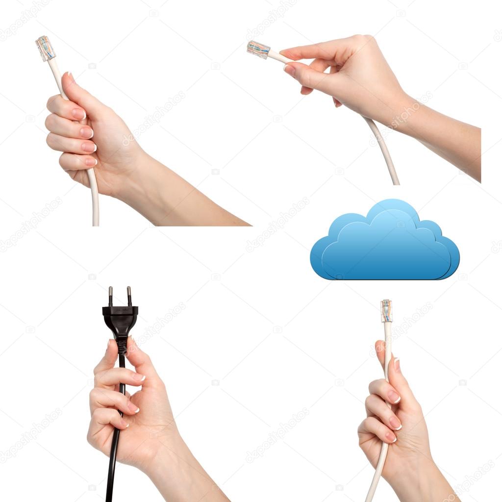 isolated female hand holding cable