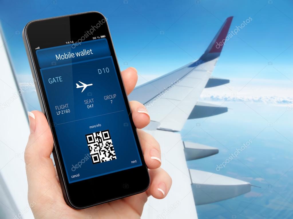 woman hand holding the phone with mobile wallet and plane ticket