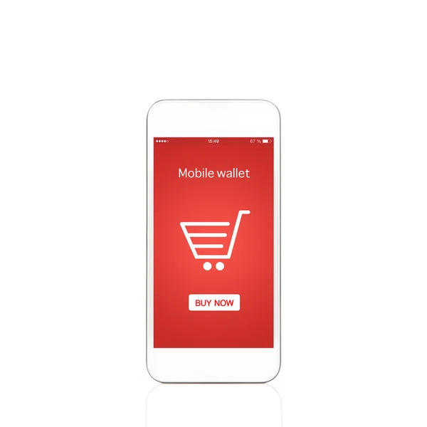 Téléphone blanc avec portefeuille mobile onlain shopping sur l'écran — Photo