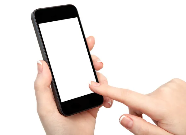 Kobieta ręki trzymającej telefon z ekranem na białym tle — Zdjęcie stockowe