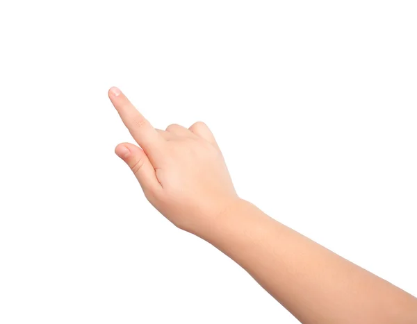 Dotykając ręką dziecka na białym tle lub wskazując na coś — Zdjęcie stockowe