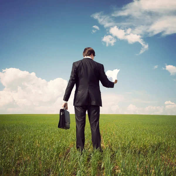 Hombre de negocios de pie en un campo con un cielo azul y lee el ne — Foto de Stock