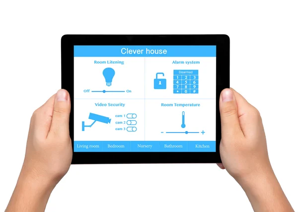 Isolerade män händer hålla en tablett med systemet smart house på den — Stockfoto