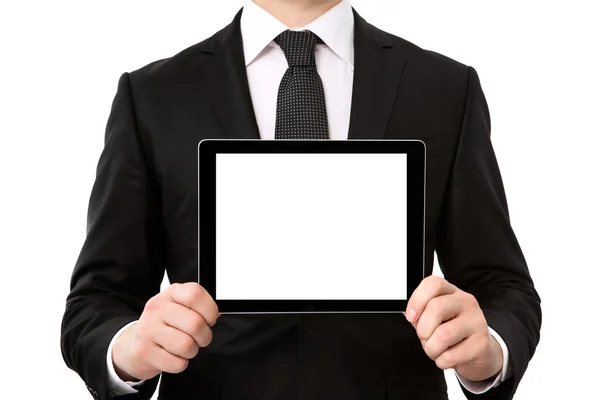 Businessman holding a tablet computer with isolated screen — Stock Photo, Image