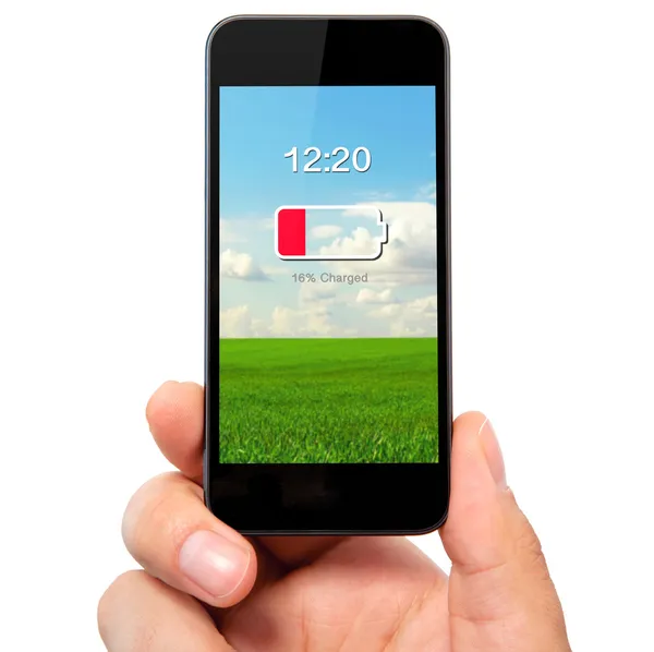 Isolated man hand holding the phone with low battery on a screen — Stock Photo, Image