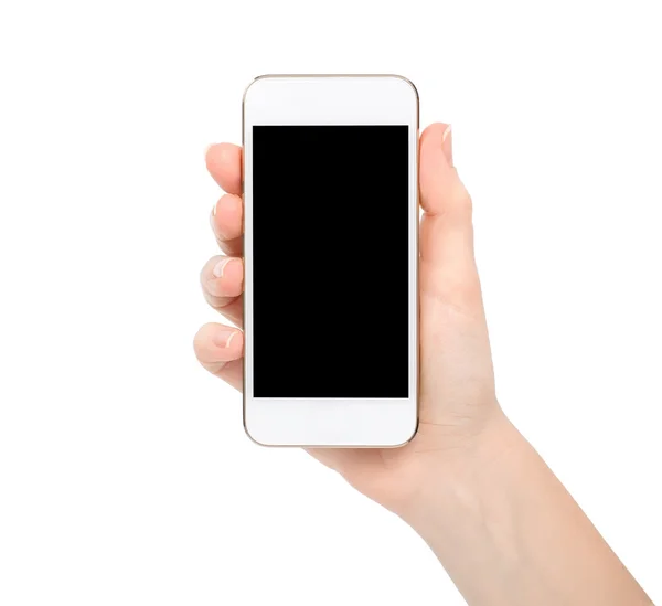 Изолированная женщина рука с белым сенсорным телефоном — стоковое фото