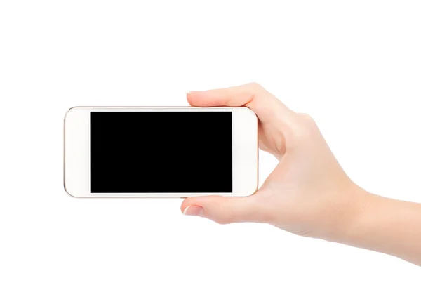 Isolated female hand holding white touch phone — Stock Photo, Image