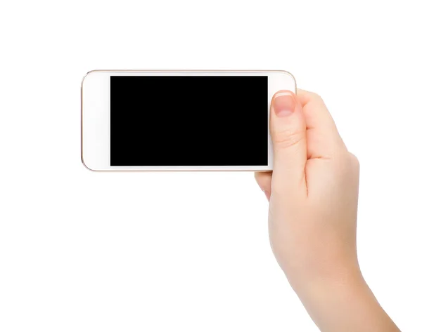 Geïsoleerde vrouwelijke hand met witte touch telefoon — Stockfoto