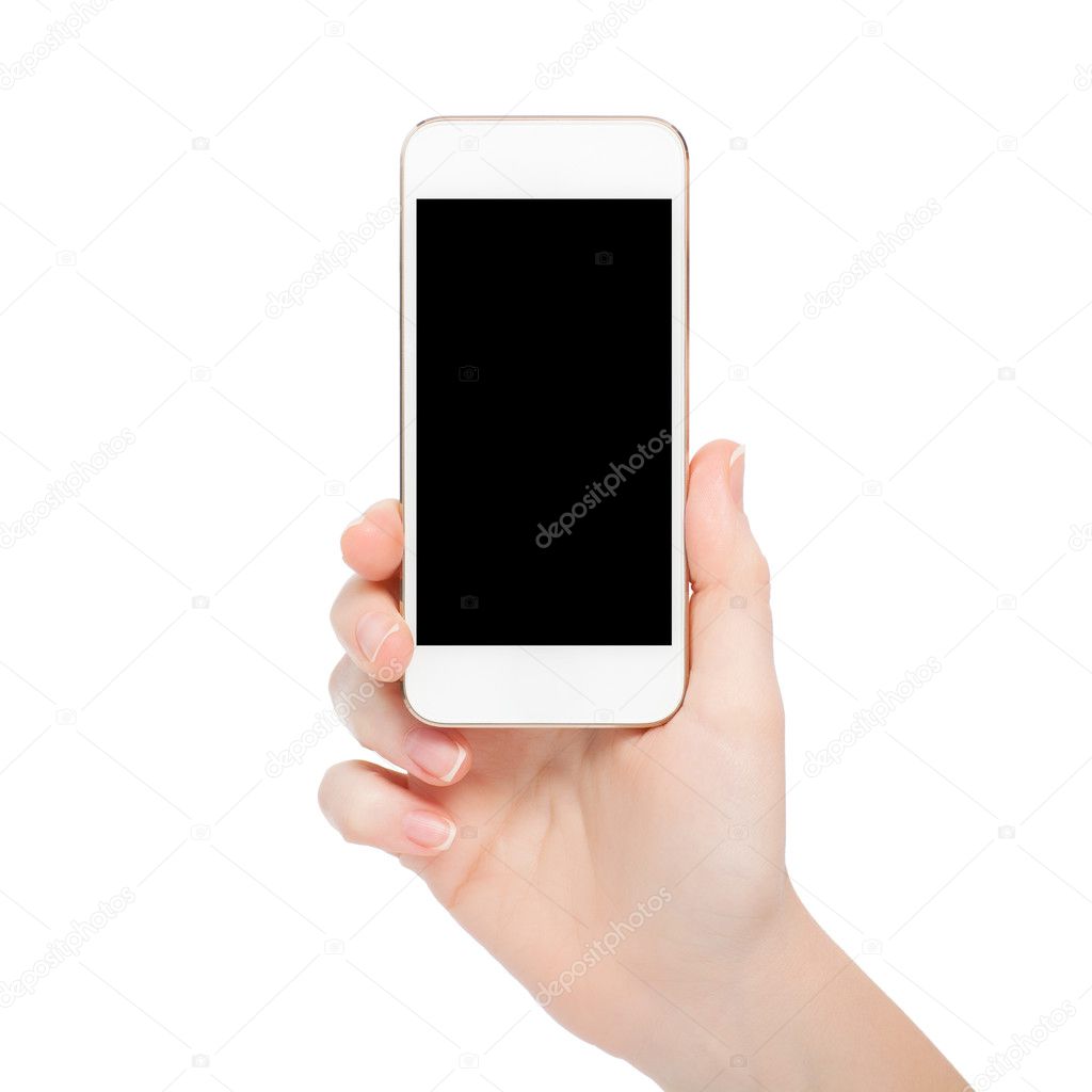 isolated female hand holding white touch phone