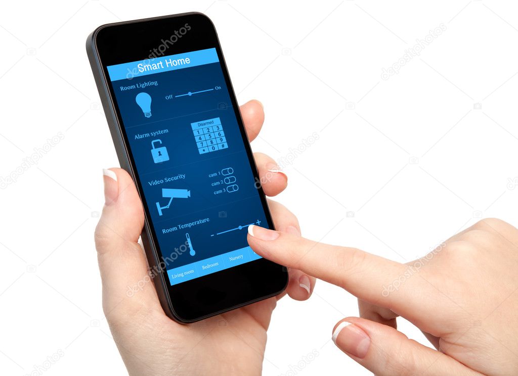 woman hand holding the phone with system smart house