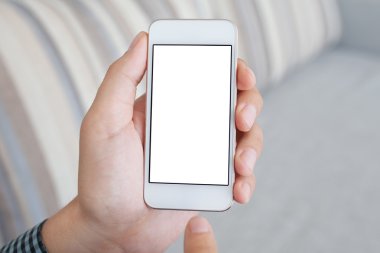 izole ekran beyaz bir telefonla tutan adam