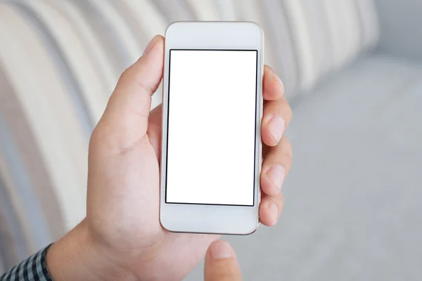Mann hält ein weißes Telefon mit isoliertem Bildschirm — Stockfoto