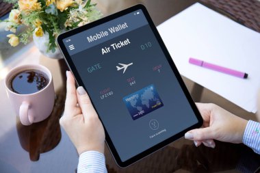 Kadın elleri ekranda uçak bileti başvurusu için tablet tutuyor. 