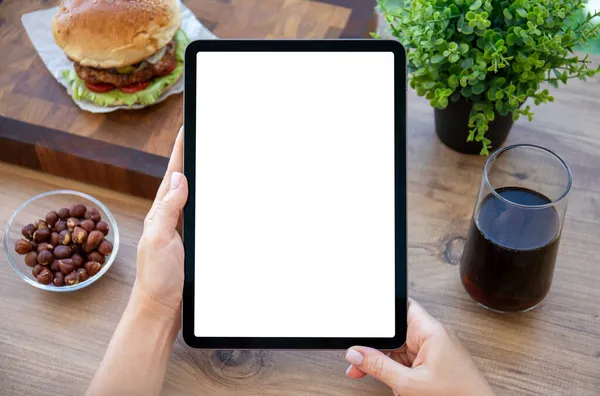 Female Hands Holding Computer Tablet Isolated Screen Background Burger Cafe — Stock Photo, Image