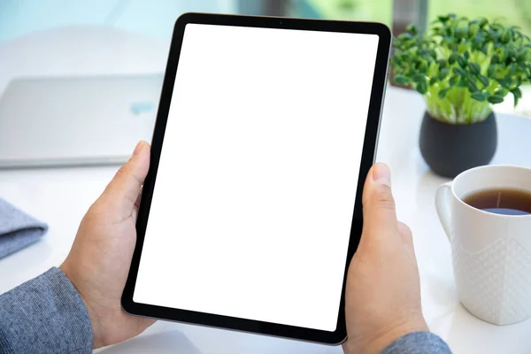 Male Hands Hold Computer Tablet Upright Isolated Screen Table Office — Stock Photo, Image