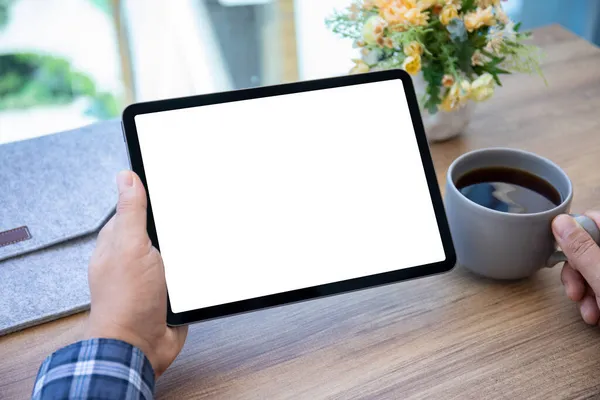 Male Hands Holding Computer Tablet Isolated Screen Table Cafe — Stock Photo, Image