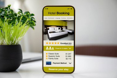 Uygulama otel rezervasyonlu telefon ekranda 