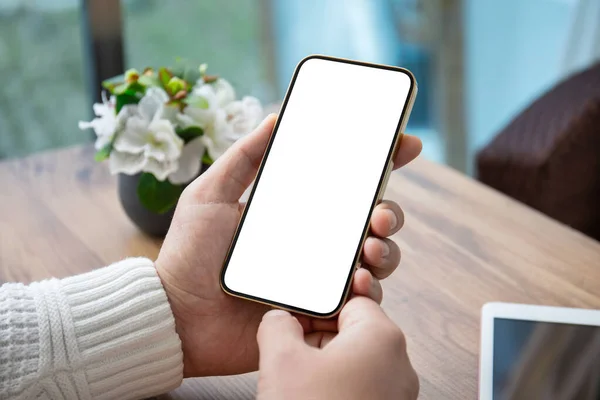 Male Hands Holding Phone Isolated Screen Background Cafe Office — Stock Photo, Image